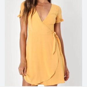 Lulu's Mustard Yellow Wrap Mini Dress